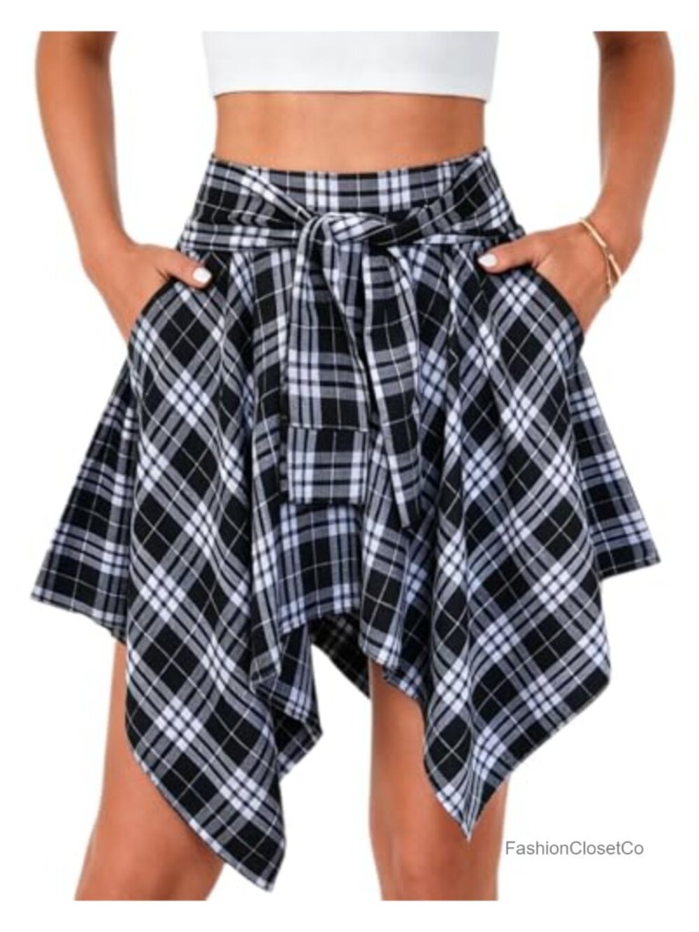 Plus Size Plaid Pleated Asymmetrical Mini Skater Skirt with Pockets